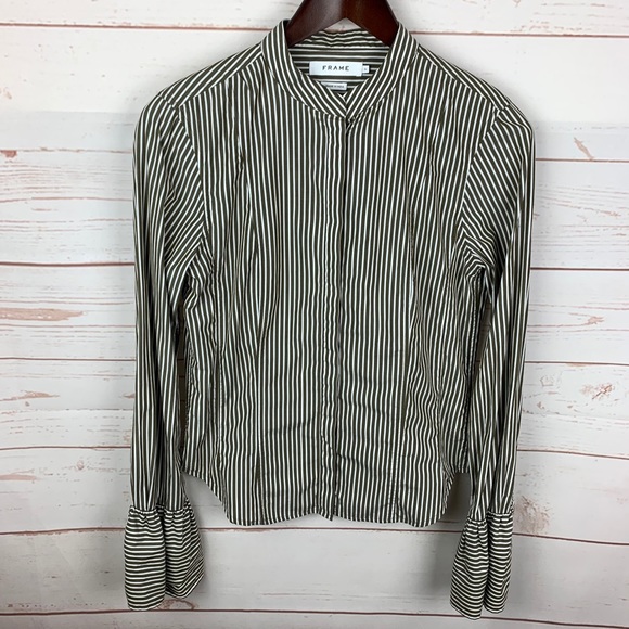 Frame Denim Tops - Frame Denim | Sage White Stripe Bell Cuff Blouse
